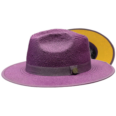Bruno Capelo Kingdom Color Bottom Wide Brim Straw Fedora in Purple / Gold