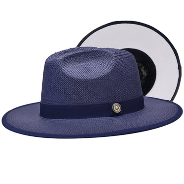 Bruno Capelo Kingdom Color Bottom Wide Brim Straw Fedora in Navy / White