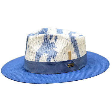 Bruno Capelo Lux Wide Brim Hand-Dyed Straw Fedora in Denim / White