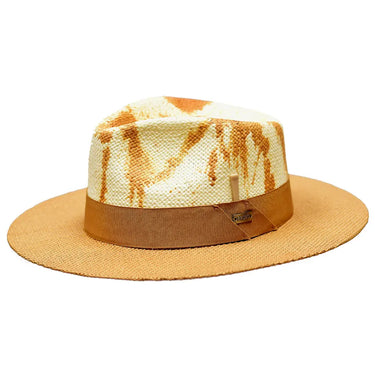 Bruno Capelo Lux Wide Brim Hand-Dyed Straw Fedora in Ivory / Cognac #color_ Ivory / Cognac