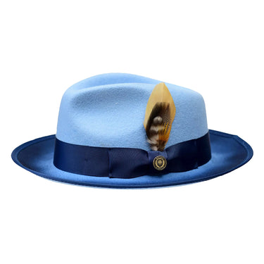 Bruno Capelo New Yorker Wool Felt Fedora Hat in Light Blue / Navy Blue #color_ Light Blue / Navy Blue