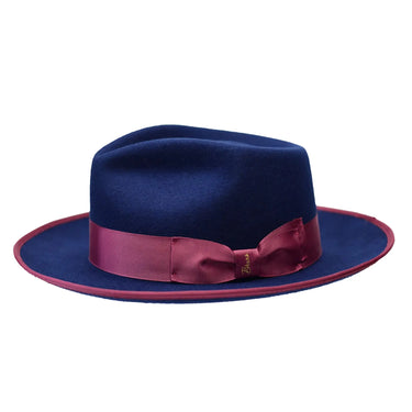 Bruno Capelo Night Hawk Wool Teardrop Crown Fedora in Navy Blue / Maroon