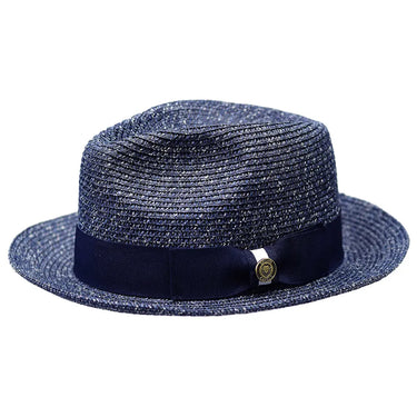Bruno Capelo Piedmont Natural Milan Straw Fedora in Navy / Light Blue / White #color_ Navy / Light Blue / White