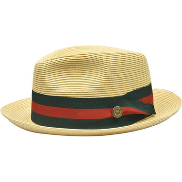Bruno Capelo Remo Straw Centerdent Fedora in Natural / Red / Green #color_ Natural / Red / Green