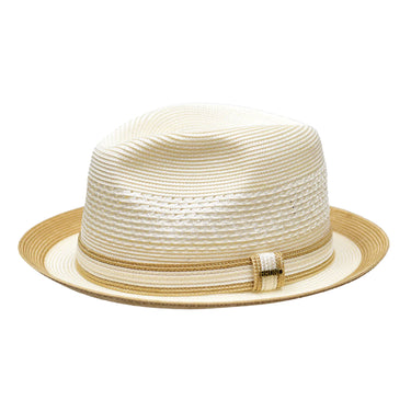 Bruno Capelo Retro 2-Tone Straw Fedora Hat Snap Brim in Ivory Cognac