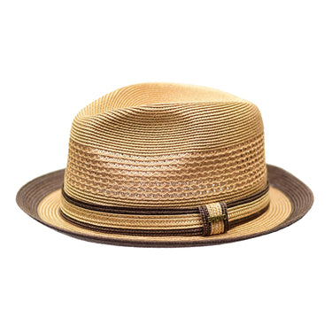 Bruno Capelo Retro 2-Tone Straw Fedora Hat Snap Brim in Tan Brown