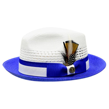 Bruno Capelo The Rocco Pinch Front Straw Fedora in White / Royal #color_ White / Royal