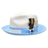 Bruno Capelo The Rocco Pinch Front Straw Fedora in White / Light Blue