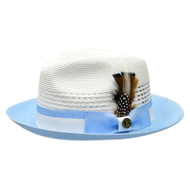 Bruno Capelo The Rocco Pinch Front Straw Fedora in White / Light Blue