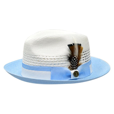 Bruno Capelo The Rocco Pinch Front Straw Fedora in White / Light Blue #color_ White / Light Blue