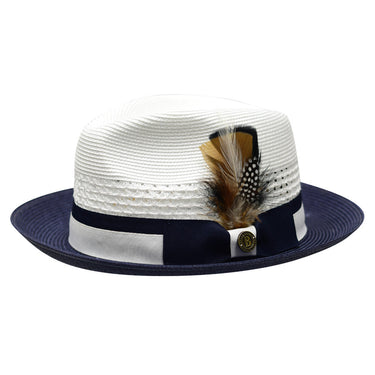 Bruno Capelo The Rocco Pinch Front Straw Fedora in White / Navy Blue #color_ White / Navy Blue