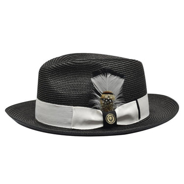 Bruno Capelo Theo Pinch Front Straw Fedora in Black / White