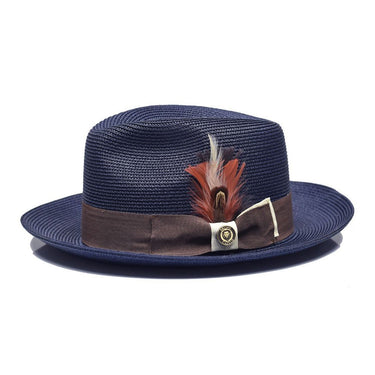 Bruno Capelo Theo Pinch Front Straw Fedora in Navy / Brown