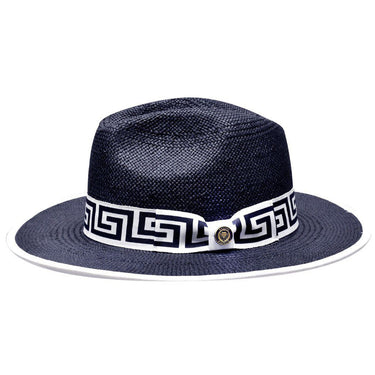 Bruno Capelo Valentino Wide Brim Pinch Front Straw Fedora in Navy / White
