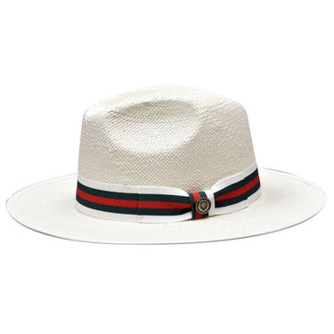 Bruno Capelo Valentino Wide Brim Pinch Front Straw Fedora in White / Red / Green