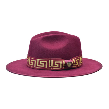 Bruno Capelo Wesley Wide Brim Pinch Front Wool Fedora in Burgundy / Gold #color_ Burgundy / Gold