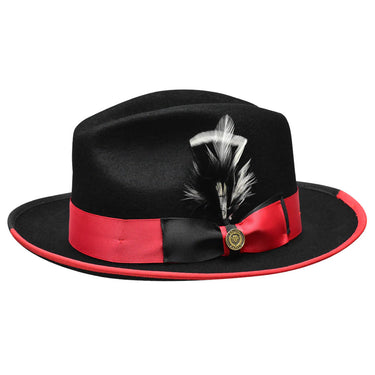 Bruno Capelo Winston Pinch Front Wool Fedora in Black / Red