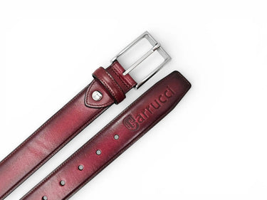 Burnished Calfskin Leather Belt in Burgundy Silver Buckle