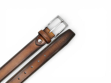Burnished Calfskin Leather Belt in Cognac Silver Buckle