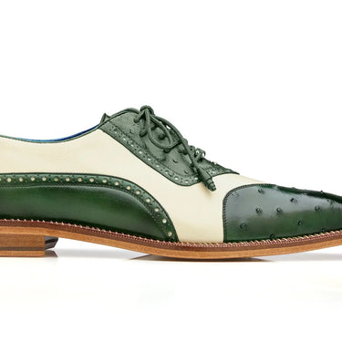 Belvedere Sesto in Forest / Cream Ostrich Quill & Leather Dress Shoes in Forest Green / Cream