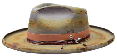 Bruno Capelo Detroit Distressed Wide Brim Wool Fedora in Graphite Grey Cognac