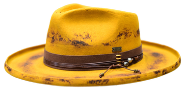 Bruno Capelo Detroit Distressed Wide Brim Wool Fedora in Gold Black Brown