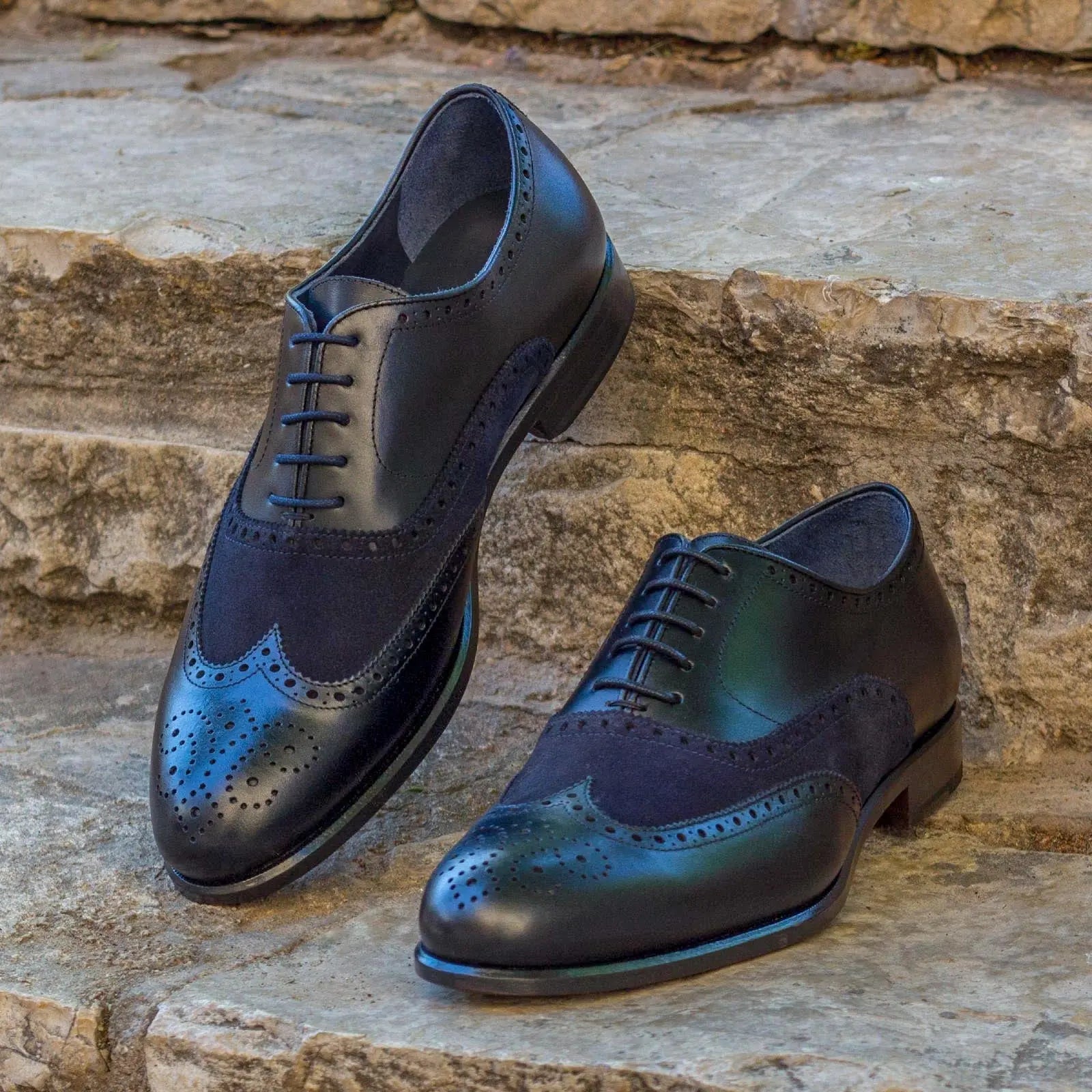 Aeron in Black / Navy Men's Italian Leather & Lux Suede Full Brogue by DapperFam Black / Navy / 18 / EE