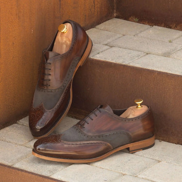 DapperFam Aeron in Grey / Brown Men's Lux Suede & Hand-Painted Patina Full Brogue in #color_