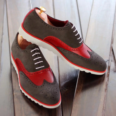 DapperFam Aeron in Grey / Red Men's Lux Suede & Italian Pebble Grain Leather Full Brogue in Grey / Red #color_ Grey / Red