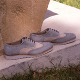 DapperFam Aeron in Light Grey / Ivory Men's Italian Suede Full Brogue in Light Grey / Ivory