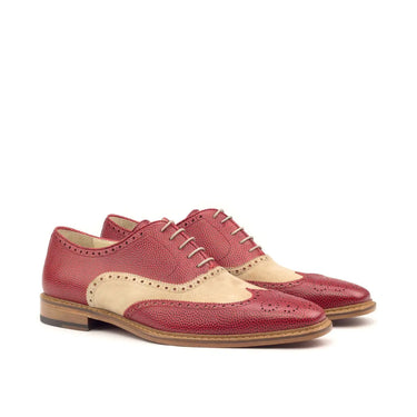DapperFam Aeron in Red / Taupe Men's Italian Suede & Italian Pebble Grain Leather Full Brogue in Red / Taupe #color_ Red / Taupe