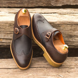 DapperFam Brenno in Black / Dark Brown Men's Italian Pebble Grain Leather Single Monk