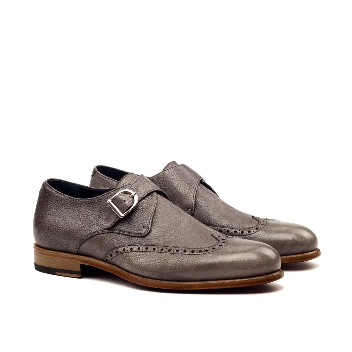 Men\'s Grey Leather Single Monk Strap Oxfords Single Monk grey painted full grain, grey painted croco  main image 3