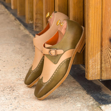 DapperFam Brenno in Olive / Fawn Men's Italian Leather & Italian Full Grain Leather Single Monk in #color_