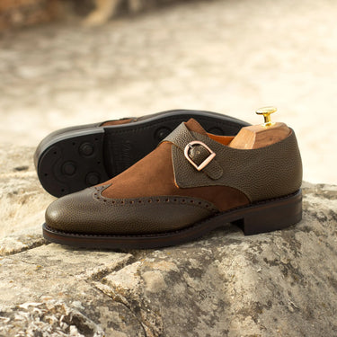 DapperFam Brenno in Olive / Med Brown Men's Lux Suede & Italian Pebble Grain Leather Single Monk in #color_