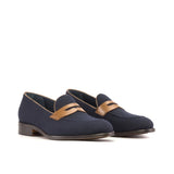 DapperFam Luciano in Navy / Med Brown Men's Flannel & Italian Leather Loafer — Style 5394