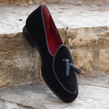 DapperFam Marcello in Black Men's Velvet Belgian Slipper