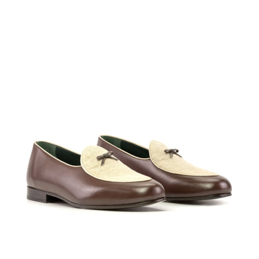 DapperFam Marcello in Ice / Dark Brown / Nude Men's Linen & Italian Leather Belgian Slipper in Ice / Dark Brown / Nude