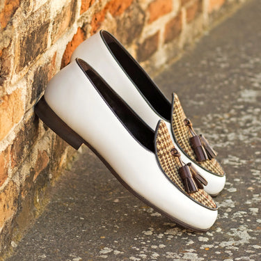 DapperFam Marcello in Tweed / Dark Brown / White Men's Sartorial & Italian Leather Belgian Slipper