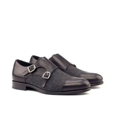 DapperFam Monaco in Black / Dark Grey Men's Flannel & Italian Leather Double Monk in Black / Dark Grey