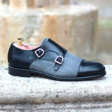 DapperFam Monaco in Black / Light Grey Men's Flannel & Italian Leather Double Monk in Black / Light Grey