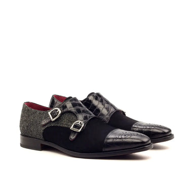 DapperFam Monaco in Black / Nailhead Men's Sartorial & Italian Suede & Embossed Leather Double Monk in Black / Nailhead