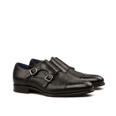 DapperFam Monaco in Black Men's Italian Leather & Italian Pebble Grain Leather Double Monk in Black