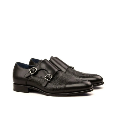 DapperFam Monaco in Black Men's Italian Leather & Italian Pebble Grain Leather Double Monk in Black #color_ Black