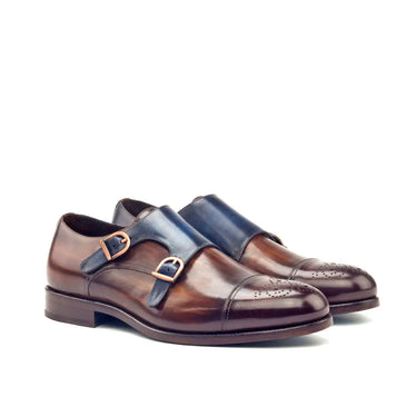 DapperFam Monaco in Brown / Denim Men's Hand-Painted Patina Double Monk in Brown / Denim
