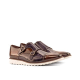 DapperFam Monaco in Brown / Grey / Tweed Men's Sartorial & Hand-Painted Patina Double Monk in Brown / Grey / Tweed