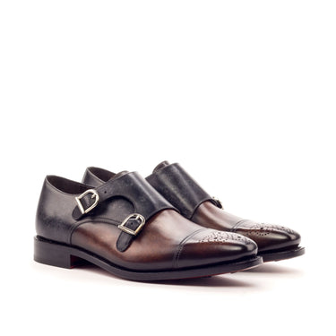 DapperFam Monaco in Brown / Grey Men's Hand-Painted Patina Double Monk in Brown / Grey