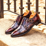 DapperFam Monaco in Burgundy / Grey Men's Hand-Painted Patina Double Monk