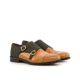 DapperFam Monaco in Cognac / Green Men's Flannel & Italian Leather Double Monk in Cognac / Green