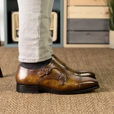 DapperFam Monaco in Cognac Men's Hand-Painted Patina Double Monk